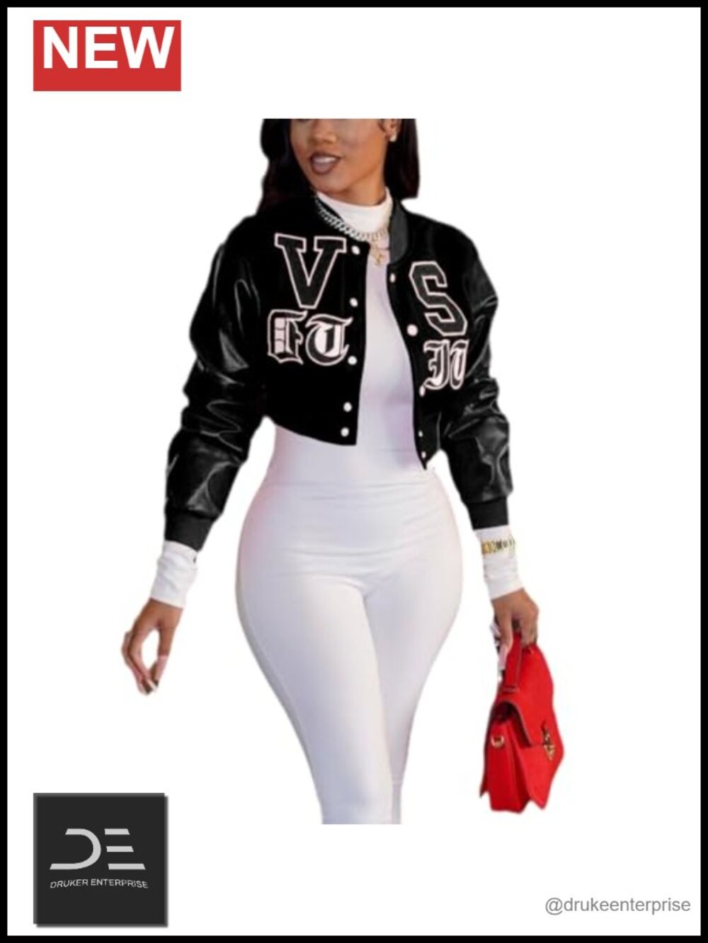 THLAI Women's Faux Leather Cropped Varsity Jacket Button Down Embroidery